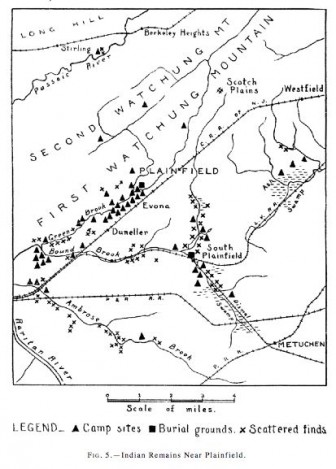 Old map showing Native American sites in Midelsex, Somerset and Union Counties.