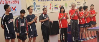 The 2016 Olympic Table Tennis team is introduced at the Friends with Paddles fundraiser exhibition at Lily Yip Table Tennis Center in Dunellen, NJ, June 18, 2016. 